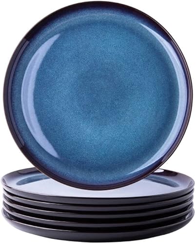LERATIO Ceramic Dinner Plates Set of 6, 10.5 Inch Reactive Glaze Porcelain Plates, Modern Shape Dinnerware Dishes Set for Kitchen,Microwave&Dishwasher&Oven Safe, Scratch Resistant- Indigo Blue