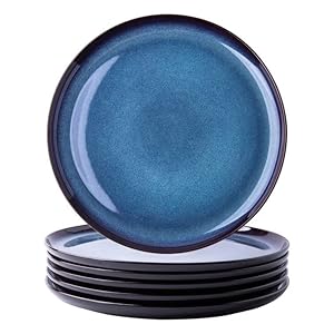 LERATIO Ceramic Dinner Plates Set of 6,10.5 Inch Reactive Glaze Porcelain Plates, Modern Shape Dinnerware Dishes Set for Kitchen,Microwave&Dishwasher&Oven Safe, Scratch Resistant-Blue