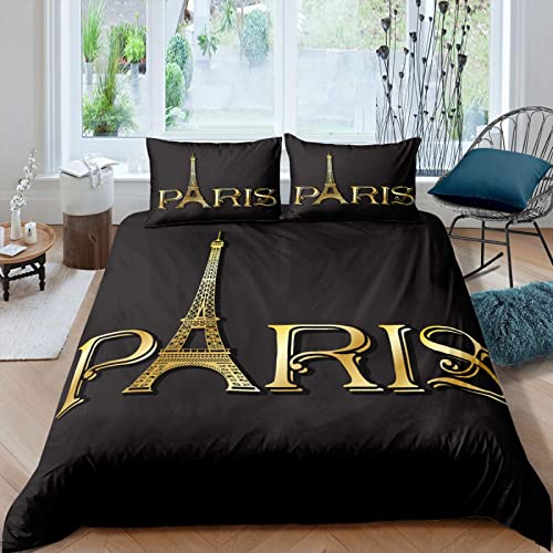 NDXRWDZR Funda Nordica Cama 150 Torre Eiffel Negra Colchas Cama 150 para Niños Adultos con Cremallera Suave Transpirable 110gsm Microfibra Fundas Nordicas 240x220 cm + 2 Fundas de Almohada 50x80 cm