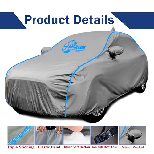 Image of Waterproof Car Body Cover Compatible with Maruti Brezza Zdi Plus Amt Dual Tone Mirror and Antenna Pocket, Triple Stitched (Heat Resistant US Grey with Red Piping)