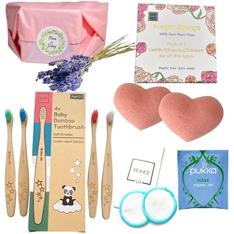 New Mum and Baby Hamper Gift Sets, Eco Friendly, Baby Toothbrush Pack, Konjac Face Sponge, Reusable Bamboo Cotton Pads, Lavender, Relax Tea Gift Set Cover