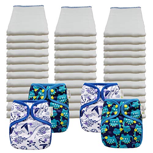 OsoCozy Economy Prefold Cloth Diaper Package - 3 Dozen Infant 4x6x4 Bleached 100% Cotton Prefold Diapers (7-15 lbs) & 4 One-Size Diaper Covers (2 Maritme. 2 Dragons)