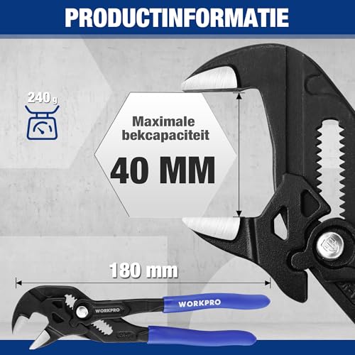 WORKPRO snel verstelbare waterpomptang 180 mm, grijpt tot 40 mm, zonder tanden, hoogwaardige Cr-V staal, parallelle bekken met dubbele werkbesparende handgrepen - Afbeelding 3