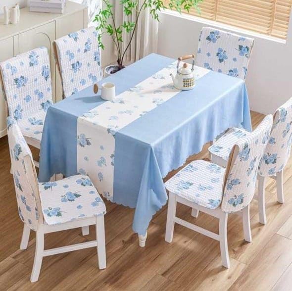 Image of HOMETHREADS Floral Cotton Chair Cover Set | Soft & Comfortable Seat Covers with Anti-Skid Non-Slip Backing + Waterproof Dining Table Cover (150x240 cm) White Blue, 8 Chair Covers + 1 Table Cover