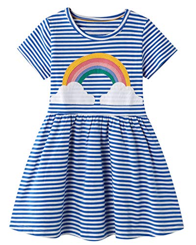 Image of Girls Cotton Long Sleeve Casual Cartoon Appliques Striped Jersey Dresses