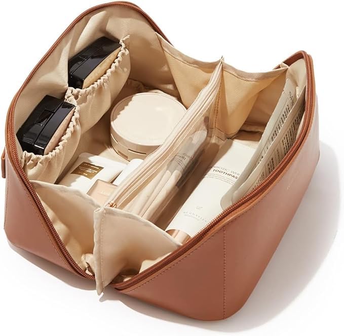 Travel Makeup Bag,Large Capacity Cosmetic Bags for Women, Waterproof Portable Pouch Open Flat Toiletry Bag Make up Organizer with Divider and Handle (Brown)-picture-21