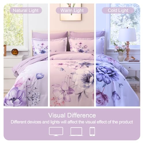 Image of Floral King Size Comforter Set - 7 Piece Botanical Purple Flower Bed in a Bag Ulter Soft Microfiber Bedding Set, Lightweight Bed Comforter Set with Sheets for All Season (Purple, King)