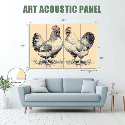 Paneles acústicos artísticos en pack de 8, absorbentes de sonido con diseño vintage de gallinas beige, autoadhesivos, para estudios de grabación y oficina, tamaño total 48"x32" miniatura 2