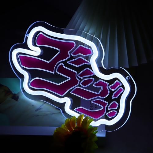 Image of JOJO Anime Neon Sign for Wall Decor, Japanese Anime Neon Sign Pink White Kawaii Gaming Room Decor, USB Powered Acrylic Neon Lamp for Bedroom, Desk, Bar, Anime Fans Gift