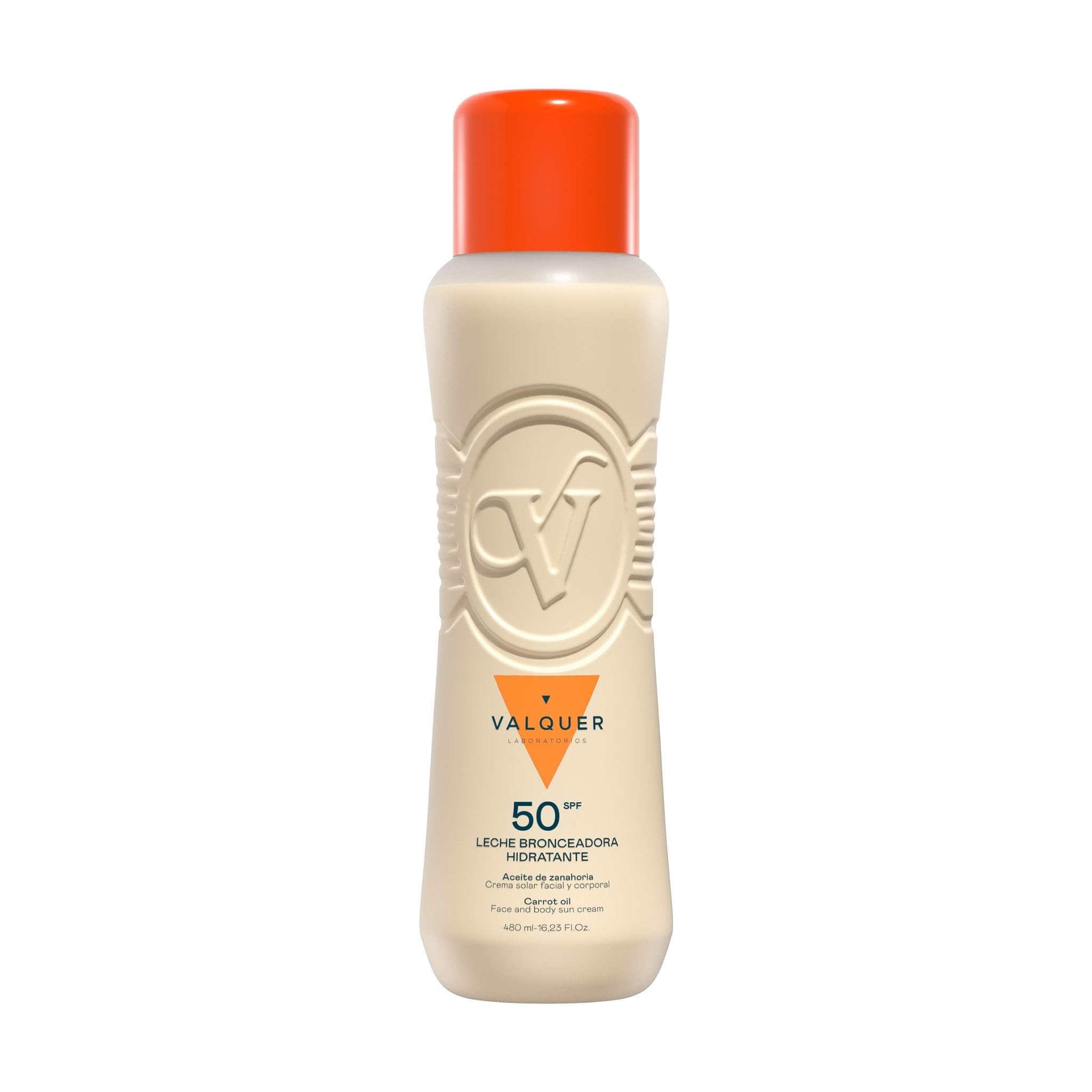 VALQUER Leche Bronceadora Hidratante de Zanahoria SPF 50 | Crema Protectora Solar Facial y Corporal contra Rayos UV | Antioxidante y Regeneradora con Vitamina E | Bronceado Natural | 480 ml