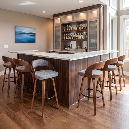 Image of AQG Swivel Bar stools Set of 6 Bar Chairs 26 inch Counter Height Mid-Century Modern Bentwood Barstool Faux Linen Upholstered Bar Chair with Back and Footrest, for Bar, Cafe, Dining, Kitchen Island, Gray