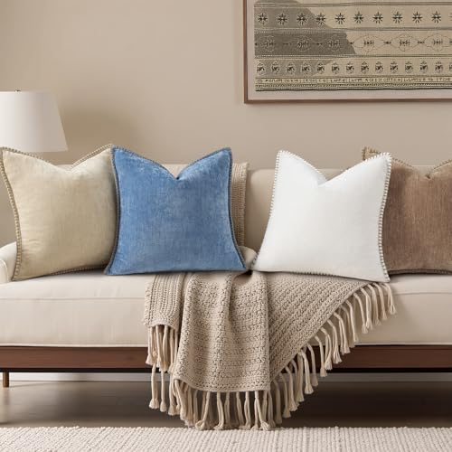 Image of decorUhome Fall Chenille Soft Cozy Throw Pillow Covers 22x22 Set of 2, Modern Farmhouse Boho Velvet Decorative Euro Sham Pillow Cases with Stitched Edge for Couch Sofa Bed Home Decor, Brown