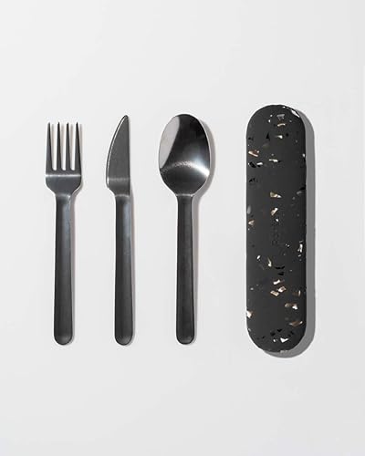 Miniatura 3 de W&P Porter - Utensilios de acero inoxidable con estuche de transporte de silicona, carbón de terrazo, cuchara, tenedor y cuchillo para comidas sobre