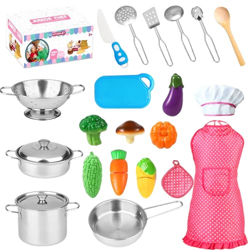 Tbintul Giocattoli da Cucina, 23 Pezzi Pentole e Accessori per Bambini, Grembiule e Cappello, Taglio Cibo Verdura Chef Gioco di Ruolo Set per Ragazze e Ragazzi