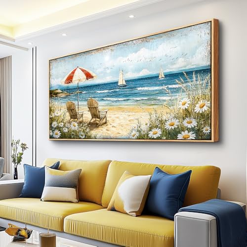 ERQINHUA Large Canvas Wall Art For Living Room Bedroom Wall Decor Office Blue Seaside Landscape Painting Wood Frame Room Bathroom Dining Room Prints Artwork Picture Home Wall Decoration 20x40 In