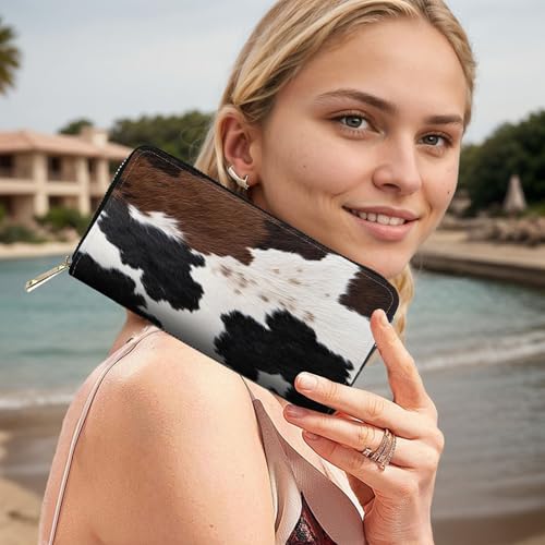 Image of RFID Blocking Leather Wallet for Women - Large Capacity Zip Around Clutch with 8 Card Slots,26 Cash Pockets & Coin Zipper,Black Brown Cowhide Fur Pattern