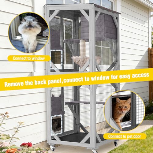 Image of 62.8'' Cat Catio Enclosure, Multi-Level Cat Cage with Jumping Platforms, Sisal Scratching Post & Weatherproof Roof Cover, Solid Fir Wood Cat House for Indoor Outdoor Use, Grey (Fits 2-3 Cats)