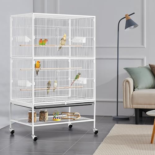 Yaheetech Vogelkäfig mit ständer, Vogelvoliere mit 3 Holzstangen und 4 Futternäpfen, Wellensittich Käfig mit 4 Rollen, Voliere für Papageien, 52 x 79 x 132 cm, Weiß