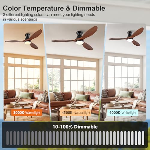 Image of Dimmable 52 Inch Flush Mount Ceiling Fans with Lights and Remote, 3 Blade Wood Bedroom Ceiling Fan with Lights Low Profile Ceiling Fan with Light Black Outdoor Ceiling Fans for Patios Living Room