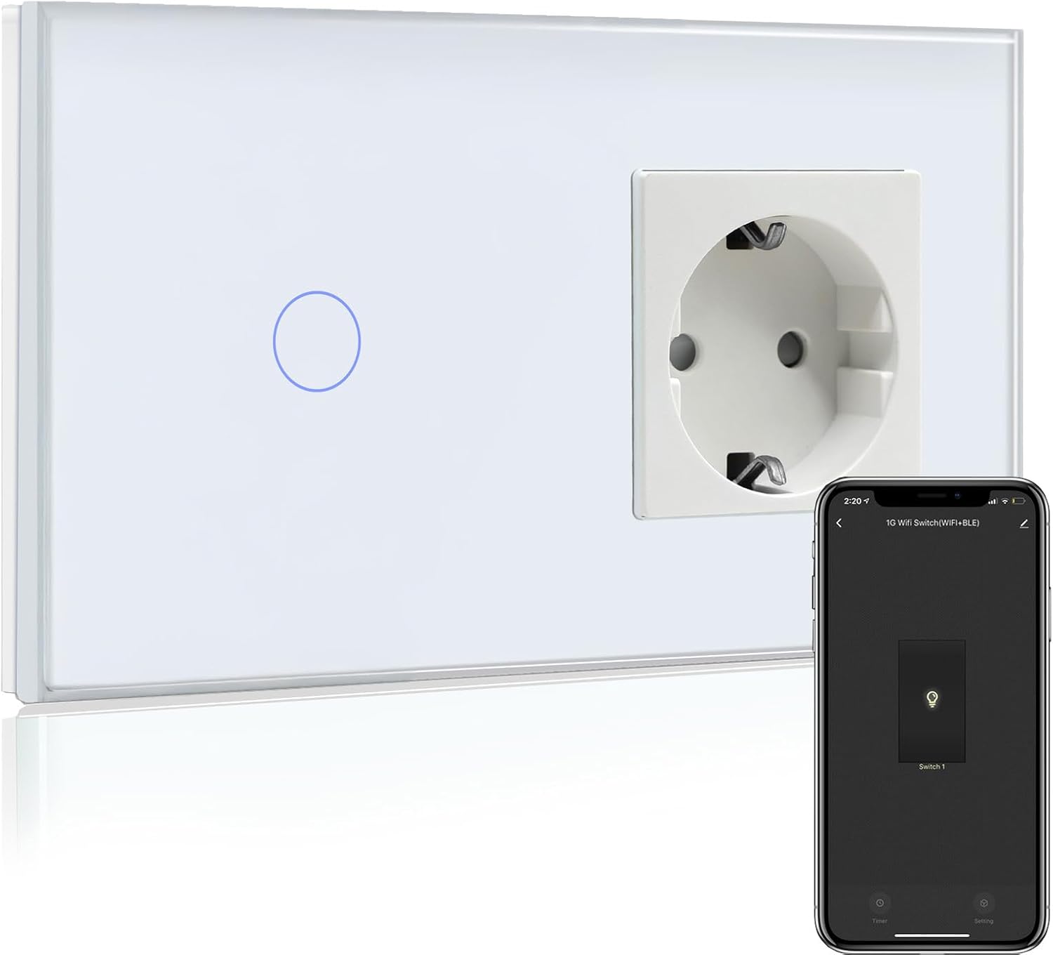 BSEED Enchufe normal con interruptor de luz WiFi, compatible con Alexa y Google Home, control de aplicación y función de temporizador, interruptor de luz WiFi de 1 unidad y 1 vía con enchufe blanco (se requiere neutro)