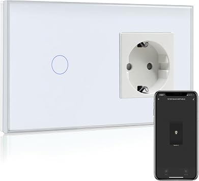 Bseed Normal Socket with Smart Alexa Light Switch Compatible with Alexa Google Home Glass Touch Screen Switch Smart Light Switch 1x 1 Way 16 Amp Socket White Neutral Line Required