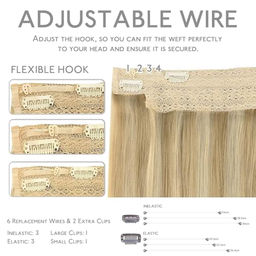 Image of WENNALIFE Wire Hair Extensions Real Human Hair 14 inch 105g Light Blonde Highlighted Golden Blonde Remy Hair Invisible Transparent Wire Straight Reusable Natural Easy to Apply Reusable for Volume