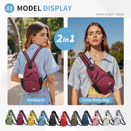 Image of Convertible Sling Bags for Women Men, Lightweight Crossbody Backpack Daypack Fit for 7.9 inch Tablet for Casual Travel Sport Hiking (Wine Red)