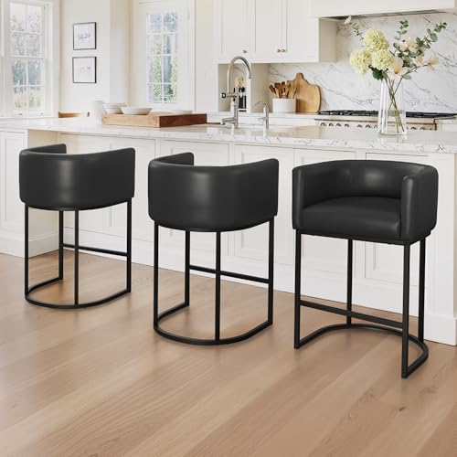 Image of LUE BONA Counter Height Bar Stools Set of 3, Modern Barrel Counter Stools with Backrest and Arms, Black Metal Frames, Faux Leather Upholstered Accent Barstools for Kitchen Island, Black