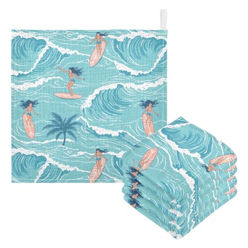 Image of vvfelixl Summer Girl Surfing Baby Burp Cloths Baby Muslin Washcloths for Boys Girls Cotton Babys Face Towel for Newborn Infants Soft and Absorbent 11.8 X 11.8 in, 5 Pack