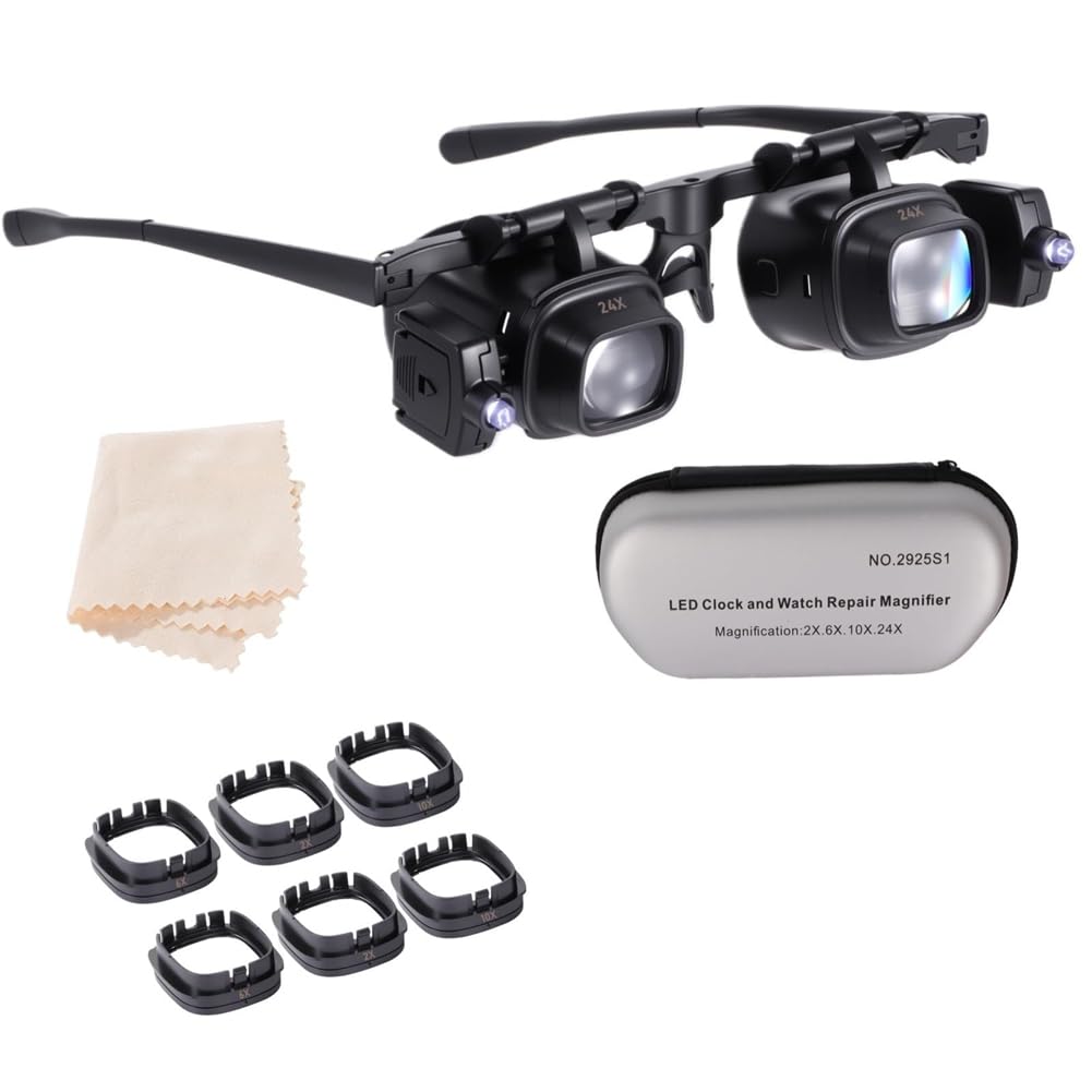 Jnchdghwa Led Light Magnifying Glasses Interchangeable Lens(2X 6X 10X 24X) Adjustable Angle, Ideal for Jewelry Watch Repair