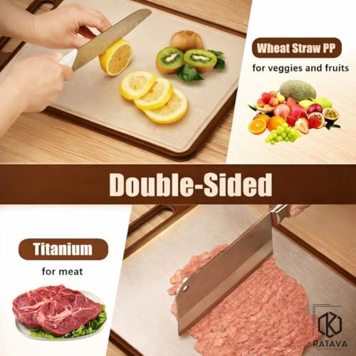 Image of Double Sided Stainless Steel Cutting Board for Kitchen, Stainless Steel & Wheat Straw Chopping Board with Juice Groove, Non-Slip, BPA Free, Dishwasher Safe for Meat, Fruits & Vegetables (Brown)
