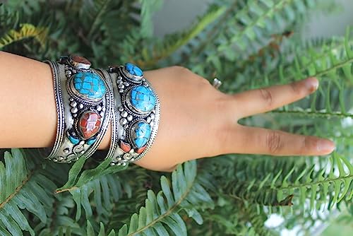 Blue Stabilized-Turquoise & Red Coral Mosaic Cuff Bracelet | Adjustable Ornate Jewelry For Men & Women | Limited Edition #TOP5