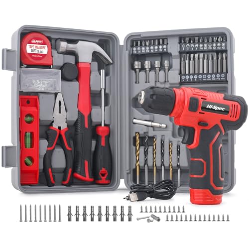 Hi-Spec trapano avvitatore a batteria 8V set attrezzi casa USB ricaricabile kit compatto con accessori essenziali Rosso ideale per fai da te riparazioni manutenzione progetti domestici