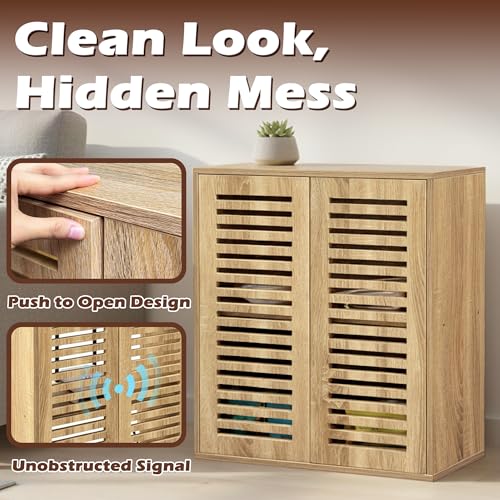 Image of WiFi Router Storage Cabinet, Floor Standing Router Storage Box Modem, Multi-Functional Router Storage Box, Power Strip and Cable Management Hider Organizer for Living Room, Office, Bedroom, White Oak