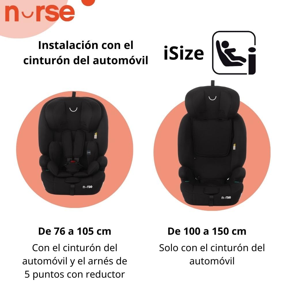 Nurse Uchwyt, fotel samochodowy iSize, 76 do 150 cm, 2-12 lat, instalacja paska, 9 pozycji, fotel samochodowy bez Isofix, czarny