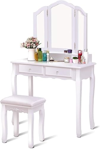 Casart Tri - Juego de taburete plegable para baño con espejo plegable con 4 cajones, Blanco