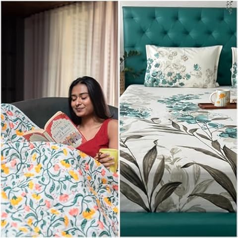Urban Space 100% Cotton AC Comforter/Duvet/Blanket for Double Bed with 1 Cotton Double Bedsheet with 2 Pillow Cover (4 Piece Bedding Set, Kashmir and Majestic Aqua) Cover