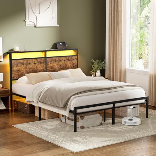 Listado de Base Queen los más recomendados. 49 HOMELYA Base Cama Queen Cabecera con Luces Led 2 Salidas de CA y 2 USB con cabecero Plataforma de Metal, Antideslizante, sin Ruido