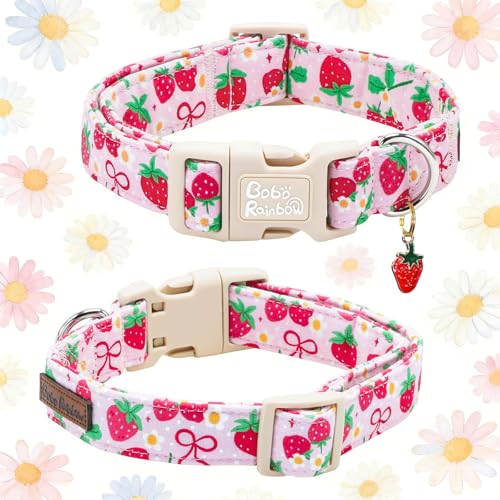 Image of Dog Collars, Spring Red Strawberry Print Pet Collar Holiday Cute Durable Adjustable Pendant Gift Collar with Quick Release Plastic Buckle for Medium Dogs