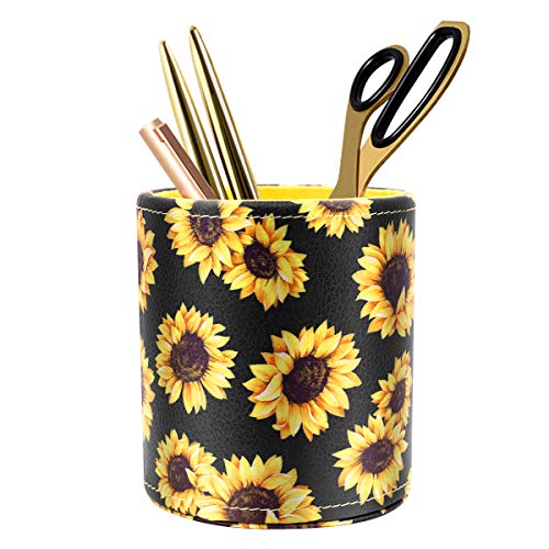 Image of Round Leather Pen Holder for Desk, Sunflower