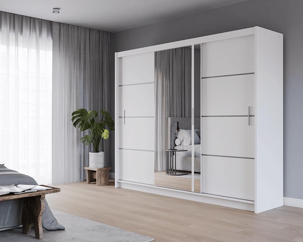 PRVTA 250 cm Weiß Schwebetürenschrank Mit Spiegel Breiten 150/180/200/250 cm Kleiderschrank Für Wohnzimmer Mit Kleiderstange Farben Weiß/Schwarz/Sonoma