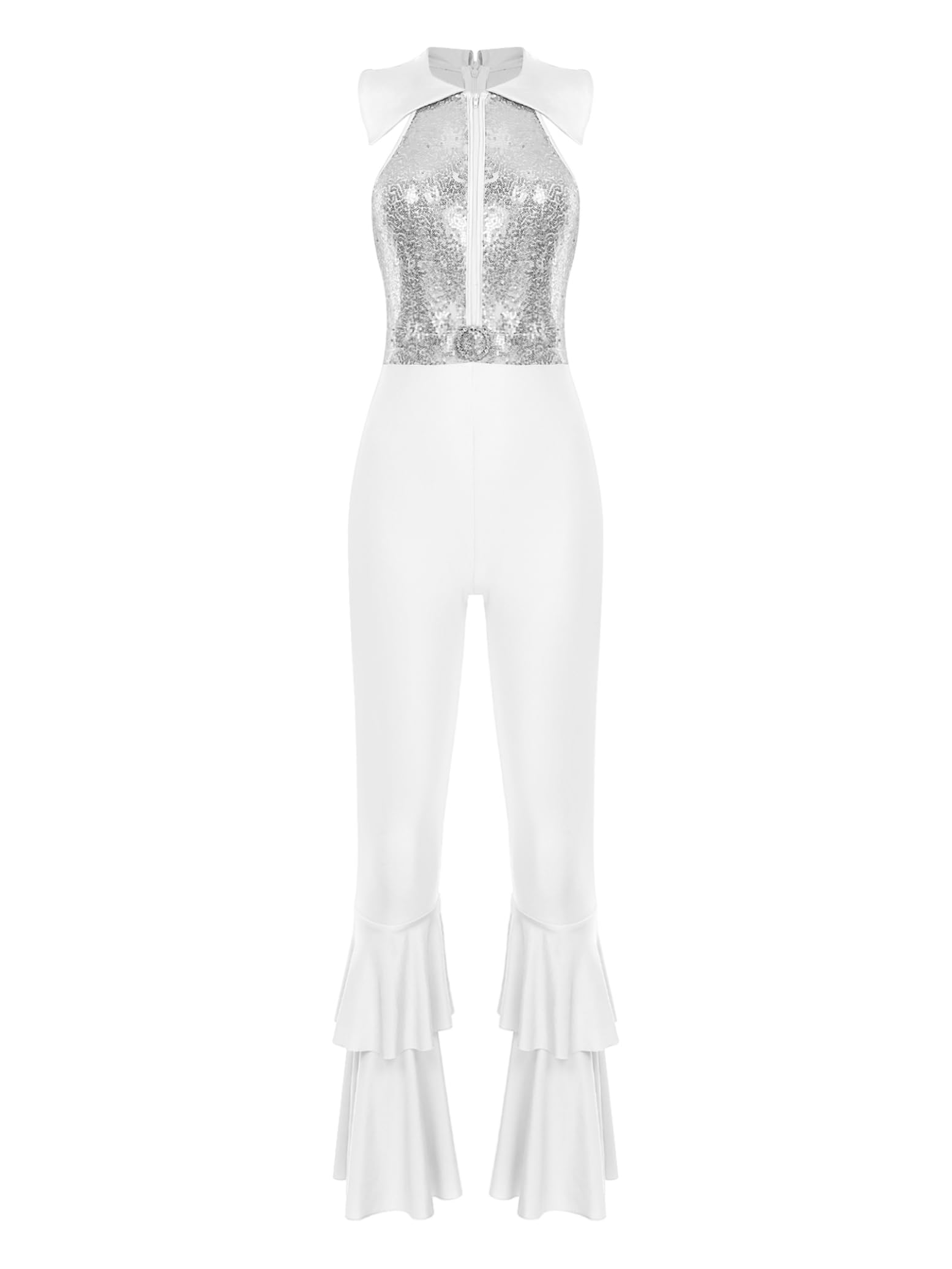 Hedmy Mono Lentejuelas de Baile para Mujer sin Manga de Enterizo Acampanado con Cremallera y Solapa Disfraz de Diva Disco Style para Fiesta Actuación S-4XL