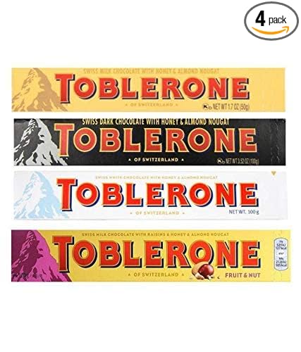 Toblerone of Switzerland Combo Pack Chocolate Bars (Swiss Milk, Swiss Dark, Swiss White, Swiss Milk Fruit & Nut),Pack of 4 (100g Each)
