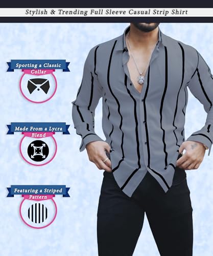 Image of MiraMichi Men's Striped Slim Fit Lycra Shirt | Full Sleeve Stretchable Shirt | Trendy Black and White Vertical Stripes for Casual