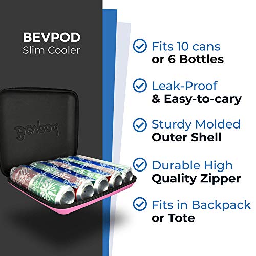 Bevpod Ultra Slim Cooler - Leak-Proof 3 X 10.5 Mini Cooler Small For 10 Beer Cans – Portable Iceless Cooler For Picnics, Hiking, Camping, Beach, Travel, Park - Shoulder Strap & Ice Sheet Included #TOP3