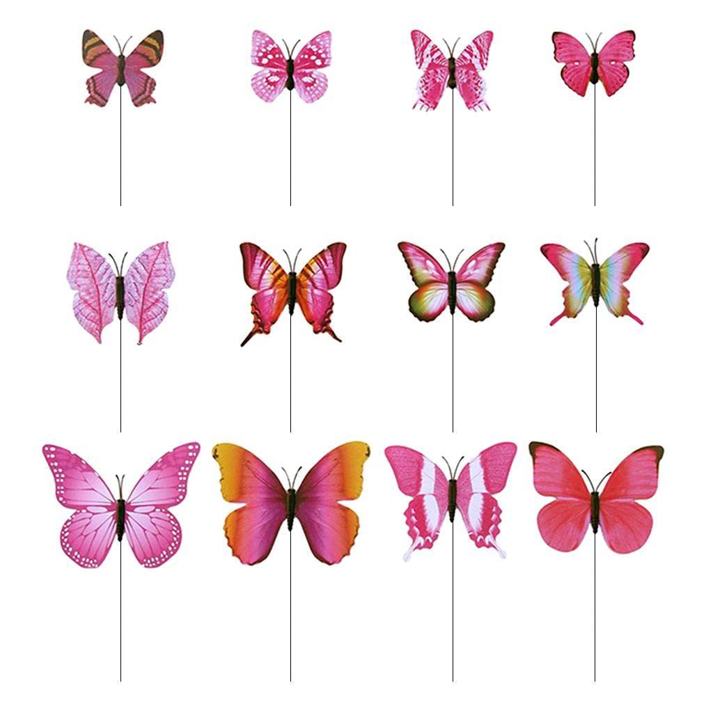 Fenteer 12pcs Colorful Butterfly Stakes Outdoor Yard Garden Flower Pot Decoration Craft,12pcs,Rose Red — image 1