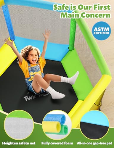 60" Trampoline for Kids, Twinkoo 5FT Fortified Toddler Trampolines with Anti-Rollover Bottom, Indoor/Outdoor Toddler Trampoline with Safety Enclosure, Adjustable Gymnastics Bars, Basketball Hoop - Image 3