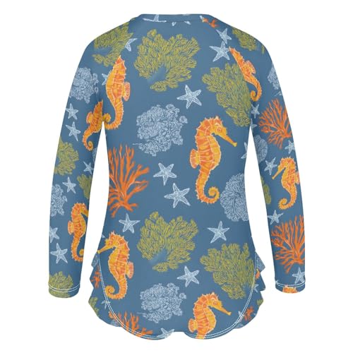 ALAZA Coral Reef Blue Seahorse Girls One Piece Swimsuit Long Sleeve Rash Guard Swimsuits UV 50+ Swimwear Zipper3