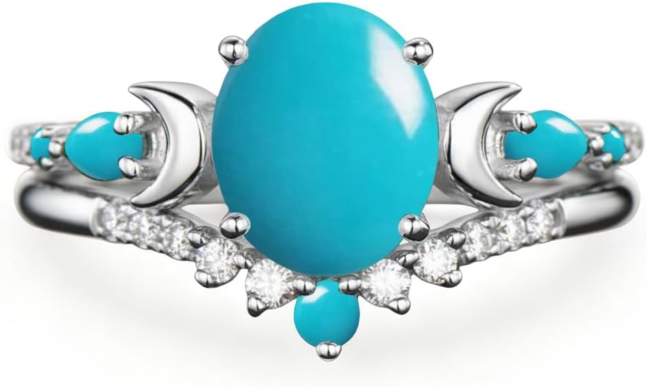 10K 14K 18K Gold 2CT Oval Gemstone Engagement Ring Set for Women 925 Sterling Silver Gemstone Triple Moon Goddess Art Deco Bridal Wedding Ring Set (Size 4-15)