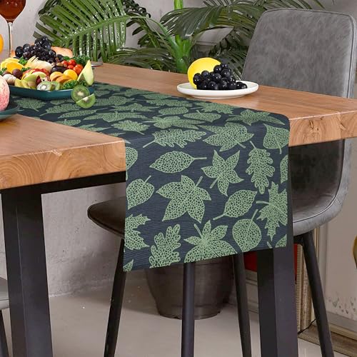 Image of HOME COLORS.IN Cotton Ribbed Maple Leaf Green Table Runner - Machine Washable - Durable - Dining Table Runner - 14 x 50 Inch - Schist Green